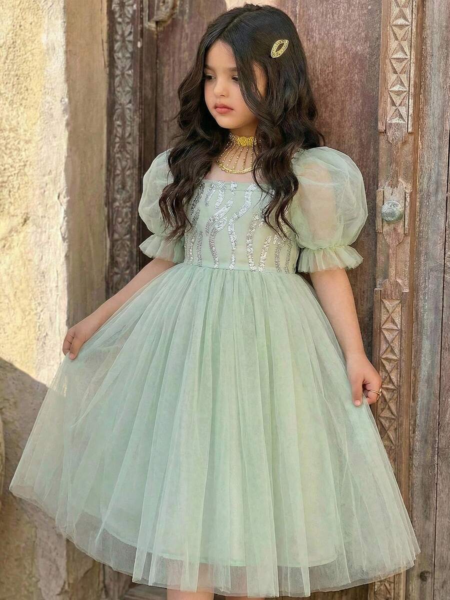 少女优雅可爱串珠网纱泡泡袖迷你连衣裙，适合生日派对 - 彩色 - 查看 1