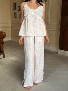 DAZY 女士甜美图案荷叶边吊带背心和裤子睡衣套装 - 米色 - 查看 5