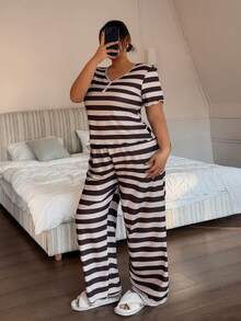 Dream Adore Plus Size V-Neck Button Knit Fitted Short Sleeve Pajama Set With Heart Print - Multicolor - View 3