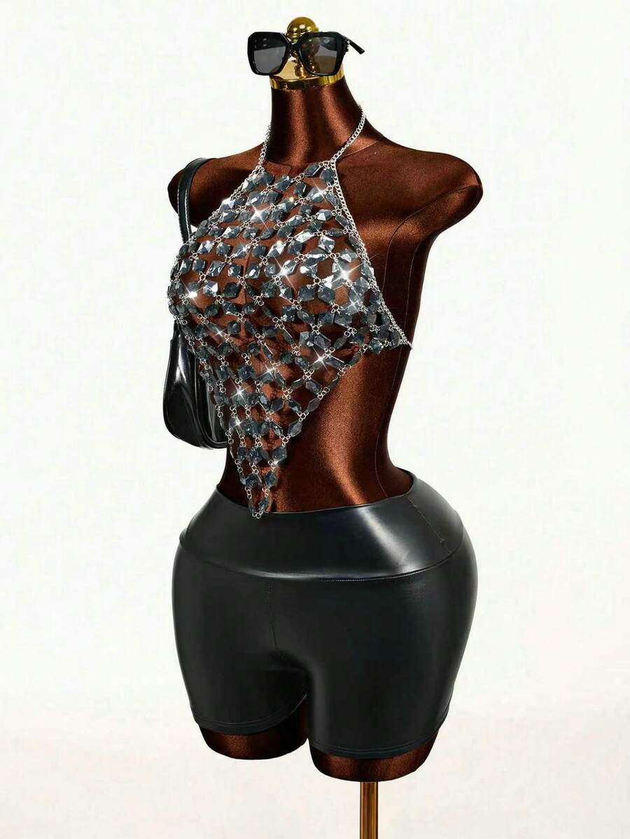 Mistrie 女士钻石细节吊带露背印花T恤，夏季，夏季上衣，夏季，夏季假期，女士夏季装，春季，春季女士装，春假，春季，春季，春季女士装，春季女士装，度假女士装，女士假期，夏季假期，女士度假，假期，假期，夏季假期，女士海滩假期 - 灰色 - 查看 1