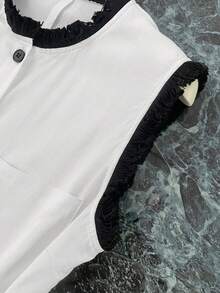 SHEIN PETITE 女士优雅休闲圆领无袖前铆钉纽扣撞色流苏下摆拼接衬衫 - 白色 - 查看 5