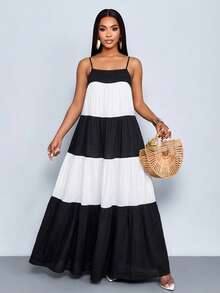 SOLERSUN Spring/Summer Women's Wear: Elegant And Casual Resort Style, Black And White Color Block, Woven Fabric, Sleeveless, Thin Straps, Layered Pleats, Full Skirt Maxi Dress Women Vacation Dress Summer Long Dress Tiered Maxi Dress - Black - View 7