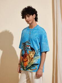 Felipe Marques Men's Animal & Plant Print Distressed Short Sleeve Loose Blue T-Shirt, Casual For Spring, Summer, Vacation, Party, Beach - Blue - View 5