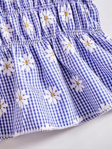 SHEIN Elladie kids Bộ đồ mùa hè giản dị, dễ thương và ngọt ngào cho bé gái, áo hai dây in họa tiết hoa cúc kẻ caro xanh và quần ống rộng, trang phục thoải mái và tươi mát cho những chuyến đi chơi mùa hè. - Màu xanh lam - Xem 8
