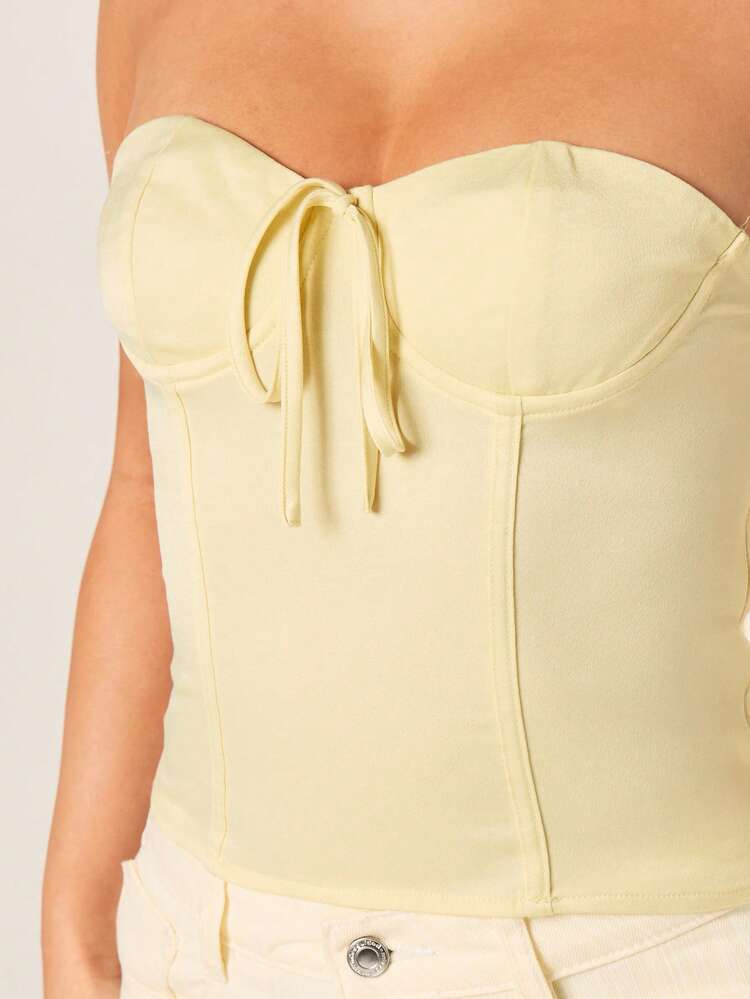 MISSGUIDED Baby Yellow Tie Front Strapless Corset Top With Structured Bustier Design And Sweetheart Neckline For Spring Summer Occasions