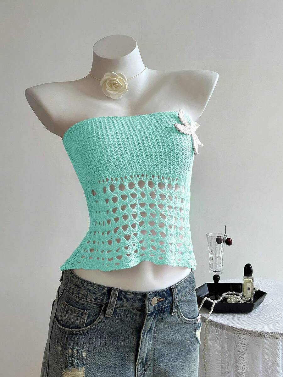 Elamini Floral Hollow-Out Knit Crop Top, Sexy Beach Vacation Style - Green - View 1
