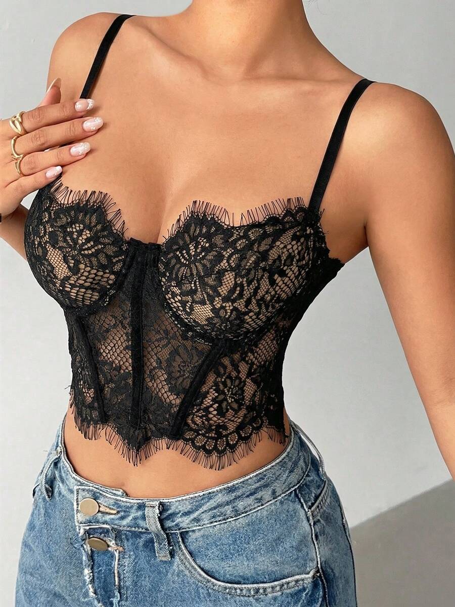 Aloruh Damen Spitzen-Trägerhemd Sexy Schwarzes Trägershirt