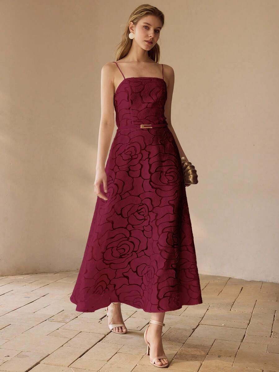 MOTF PREMIUM 法式优雅连衣裙，女士无肩带玫瑰花卉A字型喇叭裙摆礼服 - 酒紅色 - 查看 1