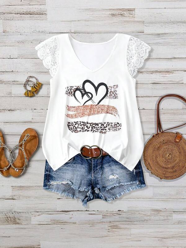 EMERY ROSE Plus Size Women's V-Neck Short Sleeve Loose Fit Casual T-Shirt, Floral Print Knit Fabric With Lace Trim, Versatile For Daily, Work, Vacation