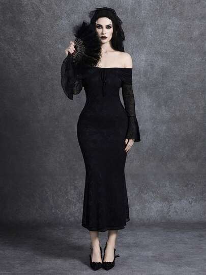 Glisette Fitted Mermaid Hem Elegant Off-Shoulder Ruched Sexy Low-Cut Fashionable Dress, Spring/Autumn Goth Dresses For Women Black Velvet Dress Witchy Dress Vampire Dress Black Funeral Dress Women 2026 New Women's Swimwear ArrivalFor School,Suitable For Holiday, Date, Afternoon Tea, Western, Cruise, Beach, Island, Road Trip, All Seasons, Music Festival, Boho Vacation,Bohemian Vacation, Chill Autumn ,Western Boho ,Elegant Tops For Women Gothic Dresses For Women Black Off Shoulder Dress Dark Feminine Clothes Black Lace Dress