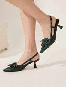 CUCCOO CHICEST 女士尖头3D立体花卉装饰搭扣设计日常百搭时尚高跟鞋 - 墨綠色 - 查看 7