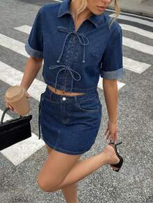 Siren Gaze 女士翻领短袖系带休闲牛仔衬衫 - 深色水洗藍 - 查看 1