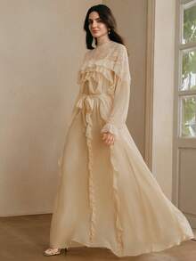 Anewsta Women's Long Sleeve Round Neck Lace Trim Dress,Cream Summer Elegant Party Flowy Chiffon Layered Ruffle Hem Ethereal Frilly French Style Wedding Dress - Apricot - View 6
