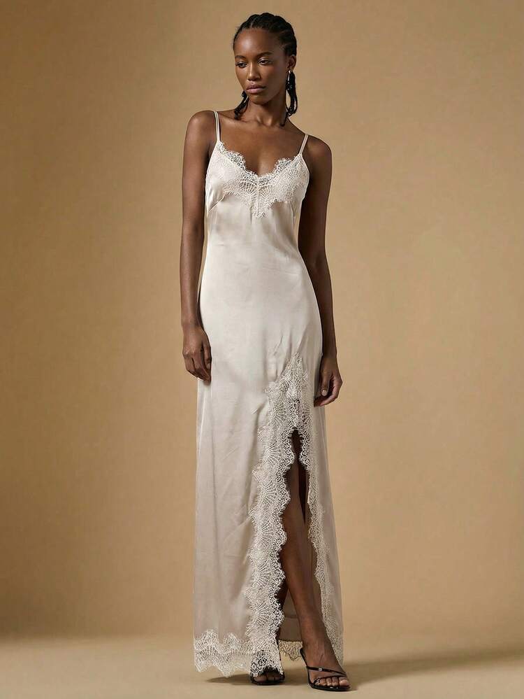 Briarwyn Women's Spaghetti Strap Black Lace Patchwork High Slit Hem Dress White Silk Dress Satin White Dress Courthouse Wedding Dress Off White Dresses For Women Rehearsal Dinner Dress Bride - Silver - View 4