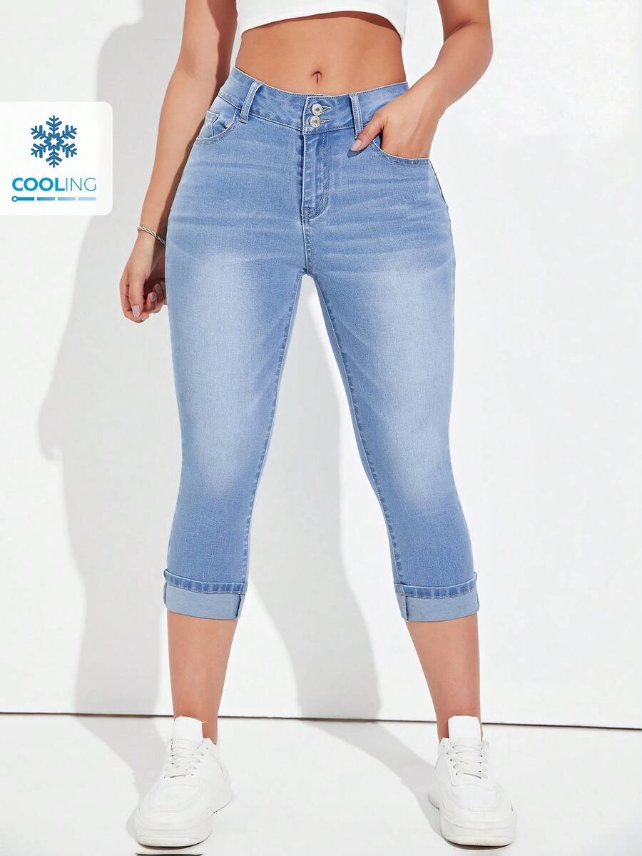 SHEIN Essnce Quần Jeans Denim Ôm Vừa Vặn, Túi Rách Nhẹ Thường Ngày Cho Nữ, Mùa Hè - Rửa nhẹ - Xem 1