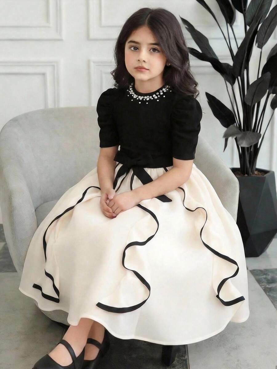 SHEIN 少女優雅拼接撞色荷葉邊下擺修身泡泡袖洋裝 - 彩色 - 查看 1