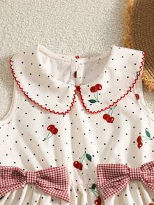 Đầm bé gái in hình quả anh đào, cổ polo, họa tiết kẻ caro tương phản, dáng chữ A thắt eo, điểm nhấn nơ, thích hợp cho kỳ nghỉ thường ngày. - Nhiều màu - Xem 4