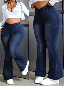 Flexra Quần jeans ống loe cạp trễ bất đối xứng cho nữ cỡ lớn - Rửa tối - Xem 1