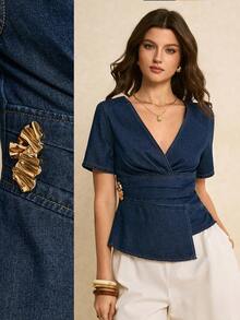Poéselle Áo denim nữ, ôm eo, kiểu dáng thời trang và thoải mái, cổ chữ V, tay ngắn, vạt áo không đều, màu xanh đậm. Áo kiểu nữ thanh lịch, năng động, thích hợp cho kỳ nghỉ hè, xuân, đi biển. - Rửa tối - Xem 2