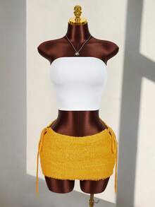 Amplova Damska dzianinowa mini spódniczka, bardzo niski stan, seksowne i awangardowe wiązanie z boku, żółta spódnica w kolorystyce dopaminy - Żółty - Zobacz 4
