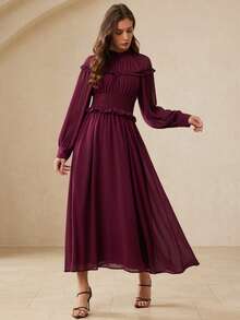 Revavyn Vintage Romantic Frill Waist Cinched Chiffon Long Sleeve Dress For Women - Purple - View 4