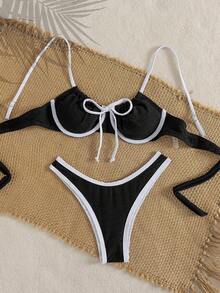 Swim Mod White Textured Fabric Soft Cup Removable Padded Underwire Bikini Top With Brown Bow Tie, Minimalist Sexy Women 2-Piece Swimsuit For Vacation - Black and White - View 5