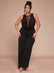 SHEIN BAE 大码女士性感蕾丝拼接露背无袖连体裤，春夏款 - 黑色 - 查看 4