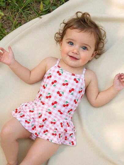Sparklyn 女童草莓印花荷叶边裙摆泳衣，舒适弹力夏季泳装