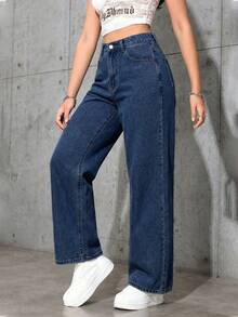 SHEIN ICON 大码女式复古街头风灰色无弹直筒牛仔裤 - 深色水洗藍 - 查看 6