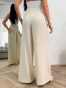 SHEIN Paper Belt High Waist Wide Leg Trousers Fake Linen - Beige - View 3