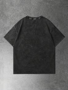 Manfinity EMRG Men's Dark Grey Cotton Short Sleeve T-Shirt,Distressed Wash Effect Minimalist Design Streetwear For Summer,City Break,Relaxed Street Style Casual Wear - Black - View 2