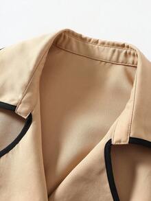 GlowEve Women's Khaki And Black Contrast Trim Lapel Collar Double-Breasted Waist Cinched Elegant Casual Commute Fashion French Versatile Holiday Business Khaki Contrast Black Sleeveless Trench Coat, Early Spring/Spring & Summer - Khaki - View 9