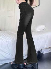 DAZY 女士时尚水洗口袋喇叭牛仔裤 - 黑色 - 查看 5