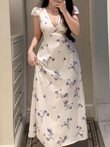 DAZY Women's Elegant Ditsy Floral Satin Contrast Trim Waist Maxi Nightgown, Summer - Beige - View 3