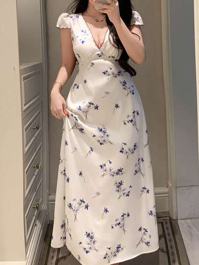 DAZY 女士优雅碎花缎面撞色滚边腰部长款睡裙，夏季