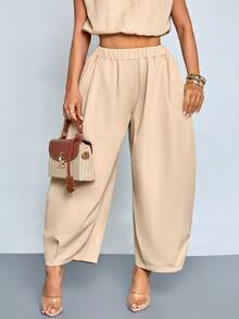 SOLERSUN 女士纯色休闲日常度假通勤街头风褶裥七分裤，带斜插口袋 - 卡其色 - 查看 3