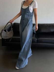 Livesso Women's Pocket Design Loose Casual Denim Jumpsuit - Dark Wash - View 6