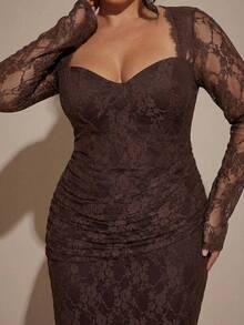 SHEIN BAE Đầm ren dài tay cỡ lớn dành cho nữ, đầm thanh lịch. - Cà phê nâu - Xem 6