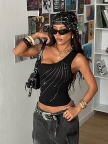 StreetHx 女士黑色水钻装饰单肩上衣 - 黑色 - 查看 6