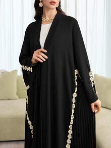 Al Najma Áo Abaya dáng rộng, đơn sắc, tối giản, màu trơn, xếp ly hai bên, tay dài, kiểu dáng thường ngày, dành cho nữ, mùa xuân/thu. - màu đen - Xem 6
