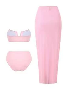 Swim Oasis 2026春夏新款女士纯色抹胸泳衣、泳裤、网纱长裙沙滩度假泳装套装 - 粉色 - 查看 2