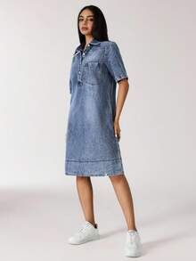 Flexra Women's Summer Polo Collar Short Sleeve Straight Loose Casual Denim Dress - Blue - View 3