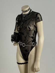 EgrlEra Women's Sexy Bodysuit In Flocked Fabric - Black - View 3