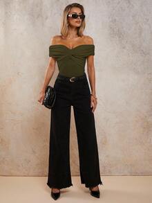 COSMINA Women's Solid Color Off-Shoulder Twist Design Bodysuit - Green - View 4