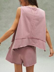 Bohemela 2件套 女士休闲纯色针织宽松背心和短裤 - 粉色 - 查看 7