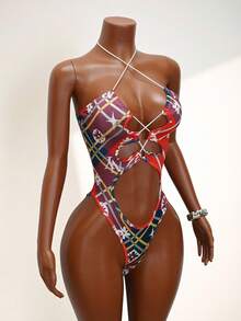 Mistrie 露背交叉绑带连体衣，撞色格纹印花，挂脖设计，性感修身，度假风连体衣 - 彩色 - 查看 4