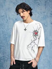 ROMWE MEN Goth 男士休闲心形荆棘印花短袖白色T恤，时尚百搭，适合日常通勤和夏季穿着 - 白色 - 查看 4