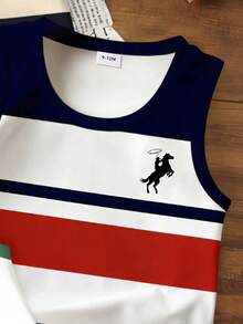 3pcs Baby Boy Casual Fashionable Minimalist Striped Polo Vest, Horse Polo & Letter Print Striped Top, Summer Outfits - Multicolor - View 4