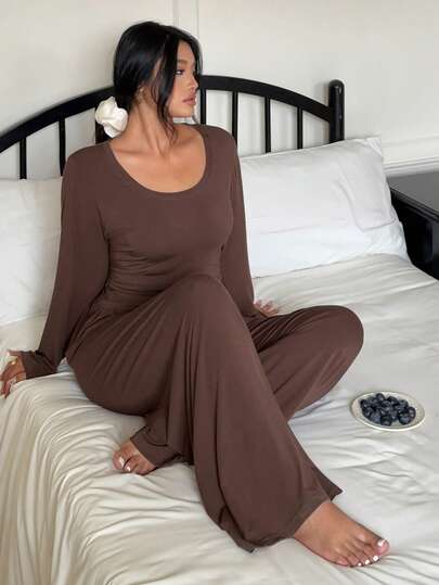 Dazy Plus 两件套纯色弹力紧身长袖上衣和直筒长裤睡衣套装，大码女装，春秋季