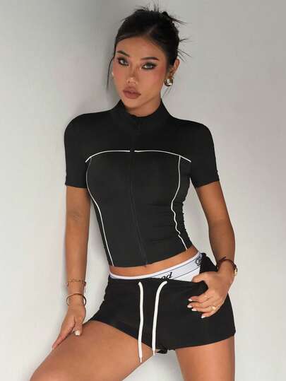 Dewbera Women's Black Tight-Fitting Stand Collar Short Sleeve Sports Jacket With Contrast Tape Panels, Suitable For Daily Casual Wear, Running, Yoga, Gym, Tennis, Golf, Spring/Summer/Autumn